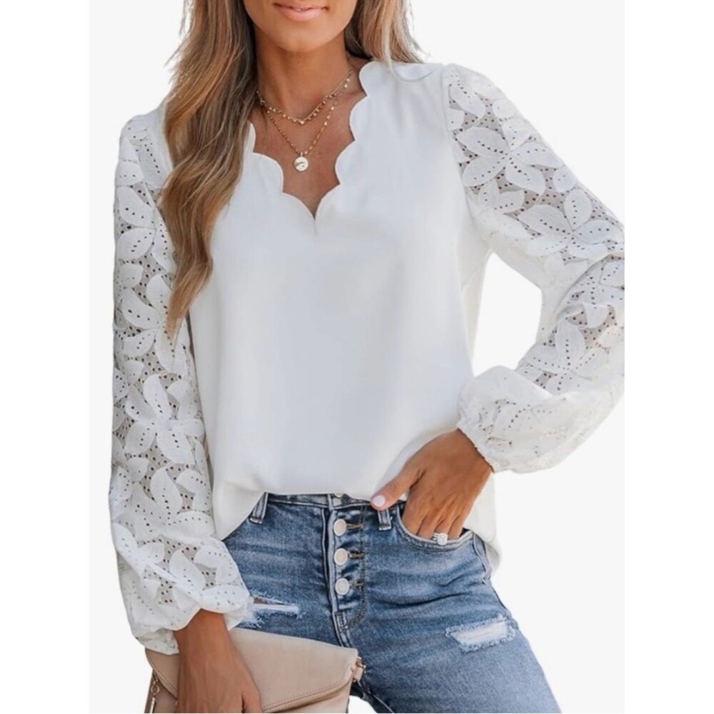 Cupshe White Scalloped Lace Sleeve Blouse |
Romantic Long Sleeve Top| Size L - Picture 3 of 4